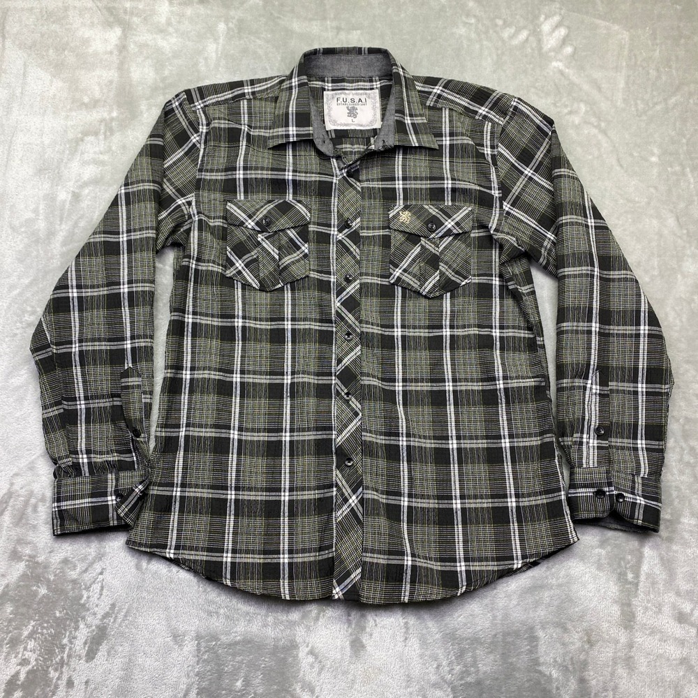 FUSAI‎ Plaid Flannel Long Sleeve Button Up Shirt Men's Size L Green Black White